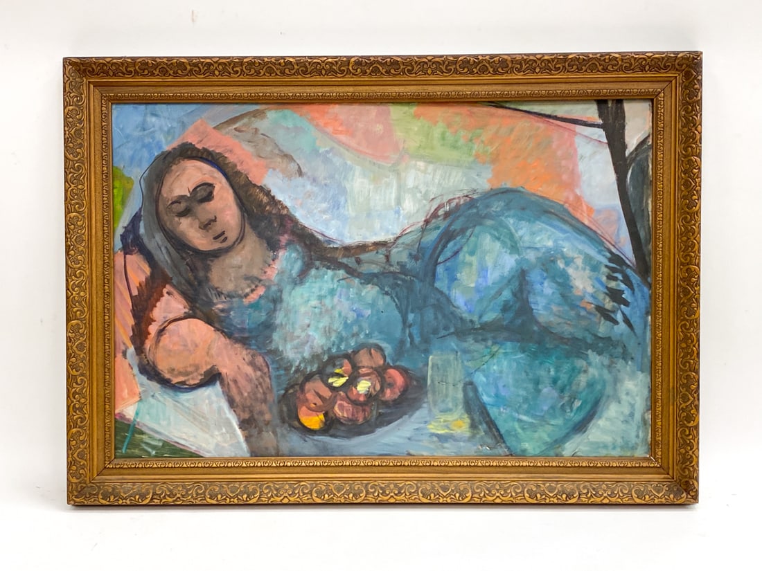 MODERNIST RECLINING WOMAN ON MASONITE: Circa 1950s. Oil on masonite. Apparently unsigned. Frame: H 29.75" x W 41.5" Masonite: H 24" x W 36" Condition: Scuffs and marks to frame. Minor loss to paint on lower center. Water marks to backside.