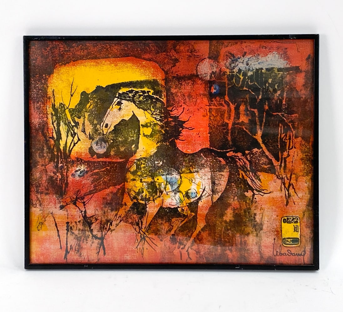 HOI LEBADANG (VIETNAMESE-FRENCH B.1921) LITHOGRAPH: Colored lithograph print on paper, titled "Wild Horse", printed signature lower right. Dimensions: (Frame) H 15.25" x W 19.25" (Sight) H 14.5" x W 18.5" Condition: Light wear and scratches to frame. N