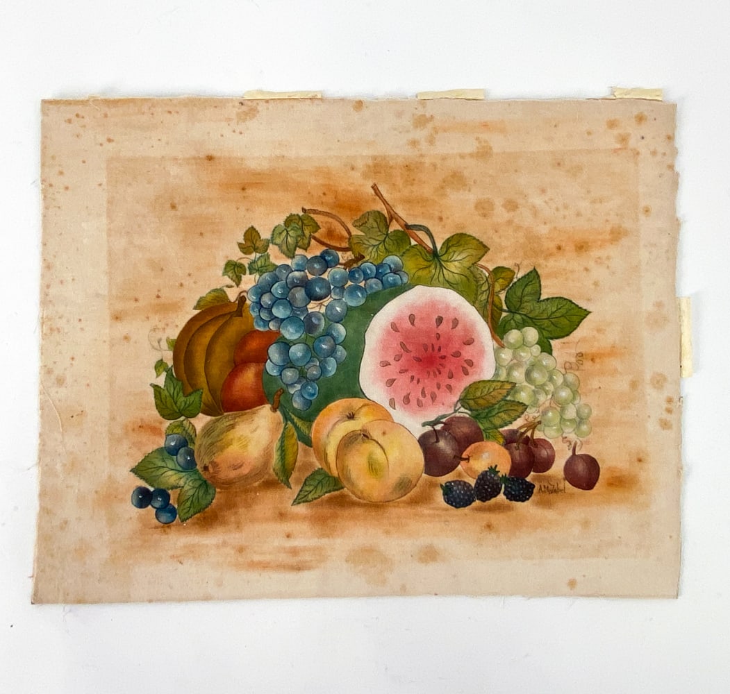 A. N. ZEBEL THEOREM OF A FRUIT STILL LIFE: Still life image with fruits. Unframed. 20th Century. Dimensions: H 14" x W 18" Condition: Toning and foxing.