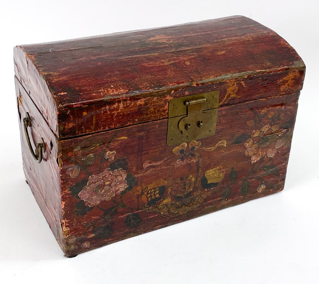 VINTAGE CHINESE PAINTED & LACQUERED CHEST: Features a red lacquered finish with flowers and and basket, brass hardware. Unmarked. 20th century. Dimensions: H 11.5" x W 17" x D 10" Condition: naturally forming splits, loss to lacquer. losses to