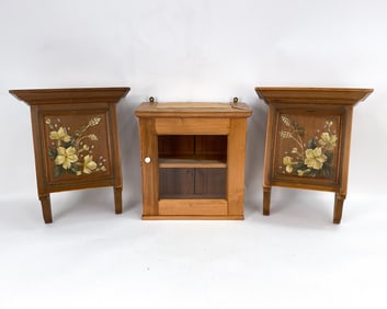 (3) ANTIQUE HAND PAINTED PINE WALL CABINETS 19TH C