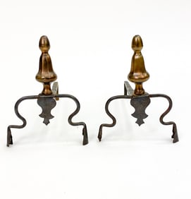 ANTIQUE DIMINUTIVE WROUGHT IRON & BRASS ANDIRONS