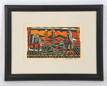 JOHN M. BARTON (1921-2000) SEATED NUDES WOODCUT