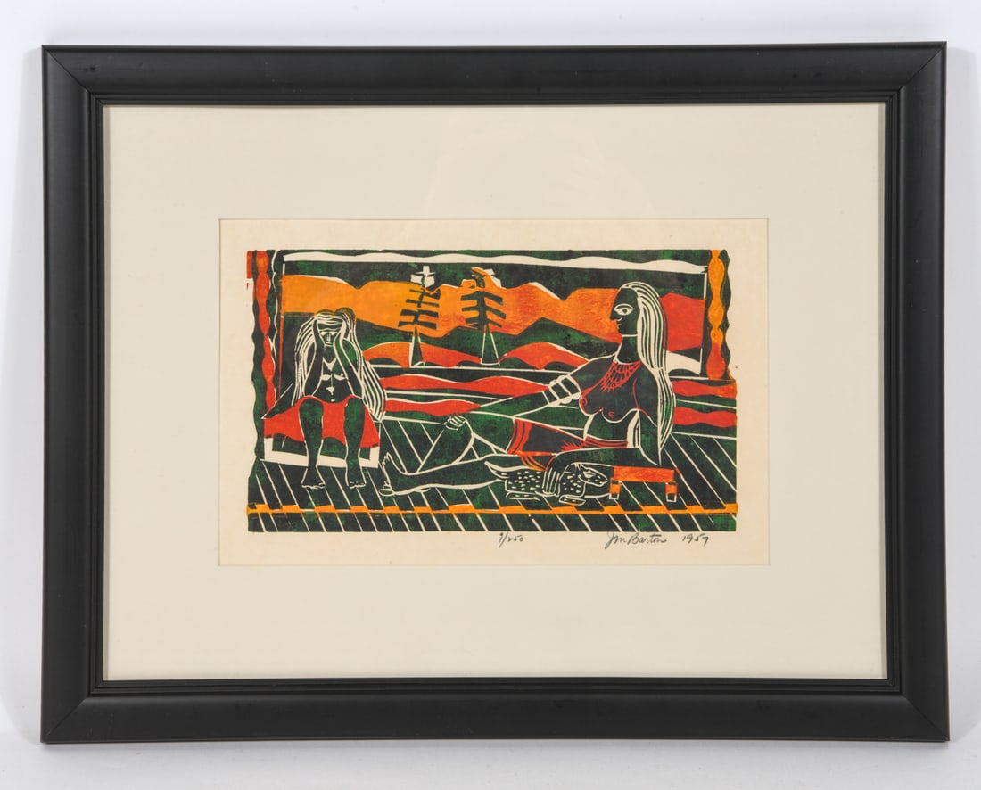 JOHN M. BARTON (1921-2000) SEATED NUDES WOODCUT (1 of 6)