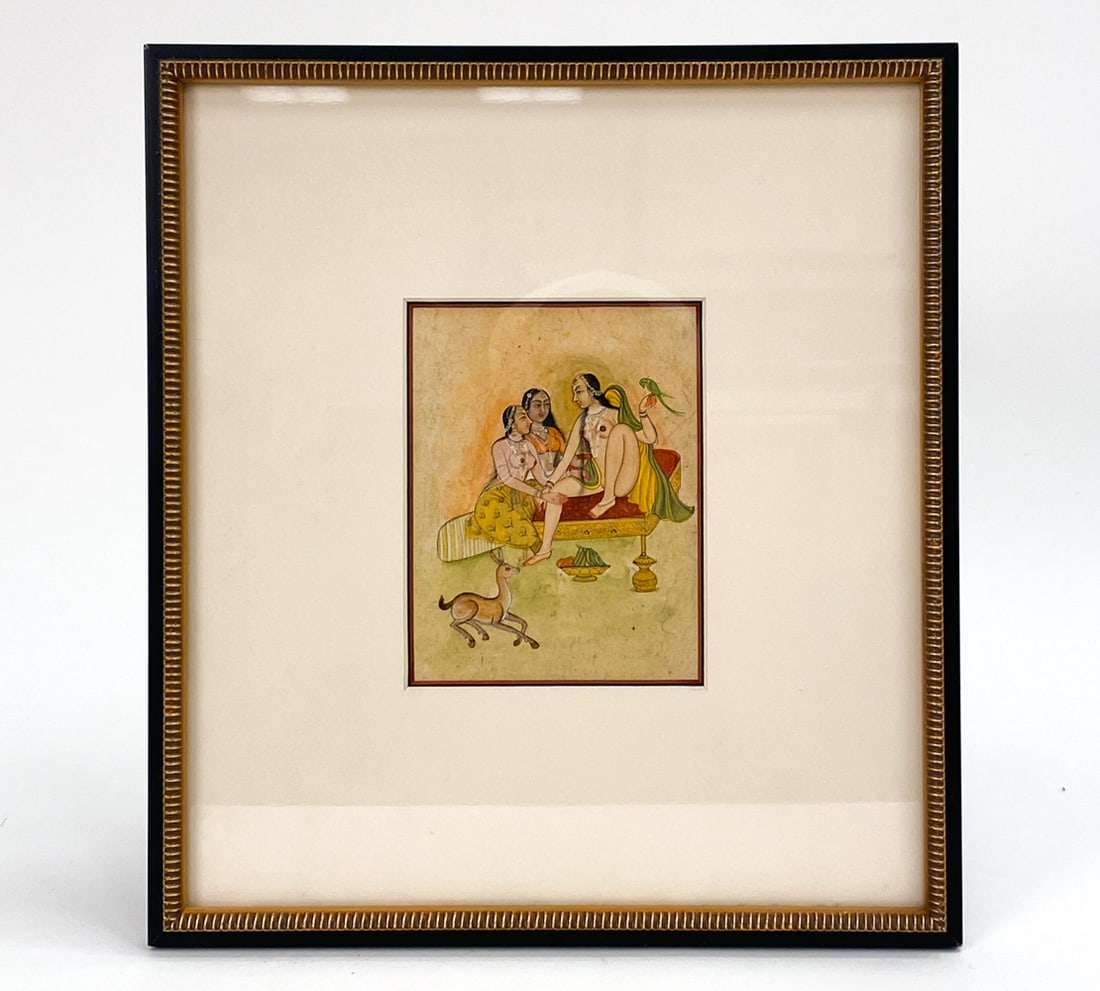 ANTIQUE INDIAN MUGHAL MINIATURE NUDES: Indian Mughal painting depicting an intimate and erotic scene with three women and a gazelle. Dimensions: (Frame) H 12.25" x W 11.25" (Sight) H 5.25" x W 4" Condition: Frame with minor marks, not exam