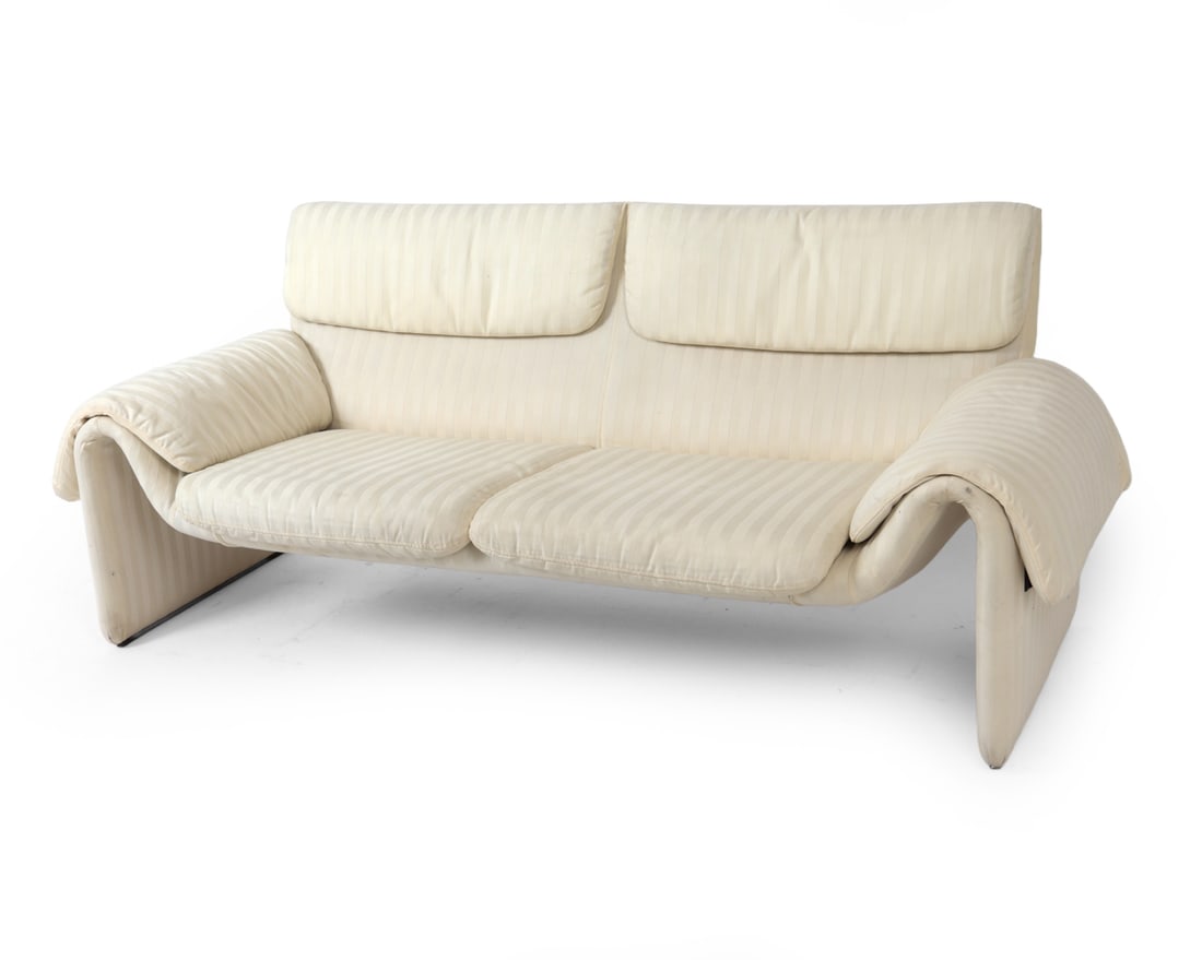 DE SEDE DS-2011 SWISS LOVESEAT SOFA C. 1980S: White stripped upholstery sofa by De Sede of Switzerland, model DS-201. Marked on the cushion underlining. Circa 1980's. Dimensions: H 32" x W 75" x D 30" x SH 16" Condition: Minor soiling to cushions