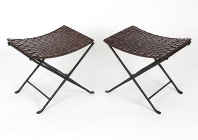 PAIR WILLIAM SHEPPEE LEATHER FOLDING STOOLS 1980S