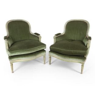 PAIR LOUIS XV STYLE VELOUR "BERGERE" LOUNGE CHAIRS