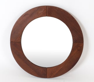 BRUTALIST STYLE ROUND PINE MIRROR C. 1970S