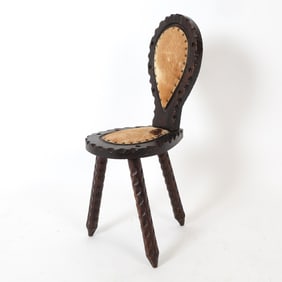 BRUTALIST SPANISH STYLE PINE COWHIDE TRIPOD CHAIR