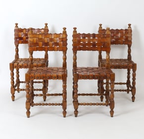 4 MID-CENTURY SPANISH STYLE LEATHER DINING CHAIRS