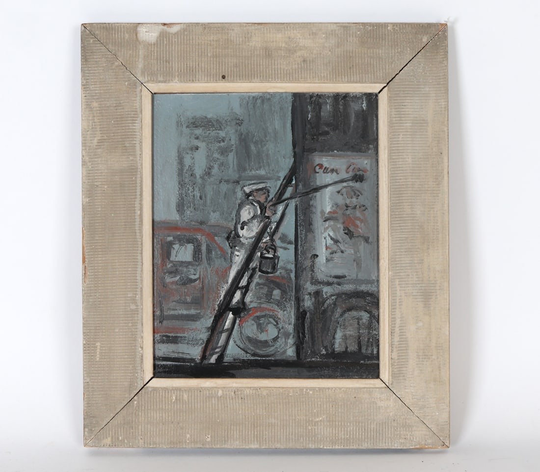 MID-CENTURY STREET SCENE ACRYLIC ON BOARD PAINTING: The painting depicts a man on a ladder pasting a poster onto a wall in a city environment. Apparently unsigned. Acrylic paint on board. Dimensions: (Frame) H 14.75" x W 12.75" (Sight) H 9.75" x W 7.75