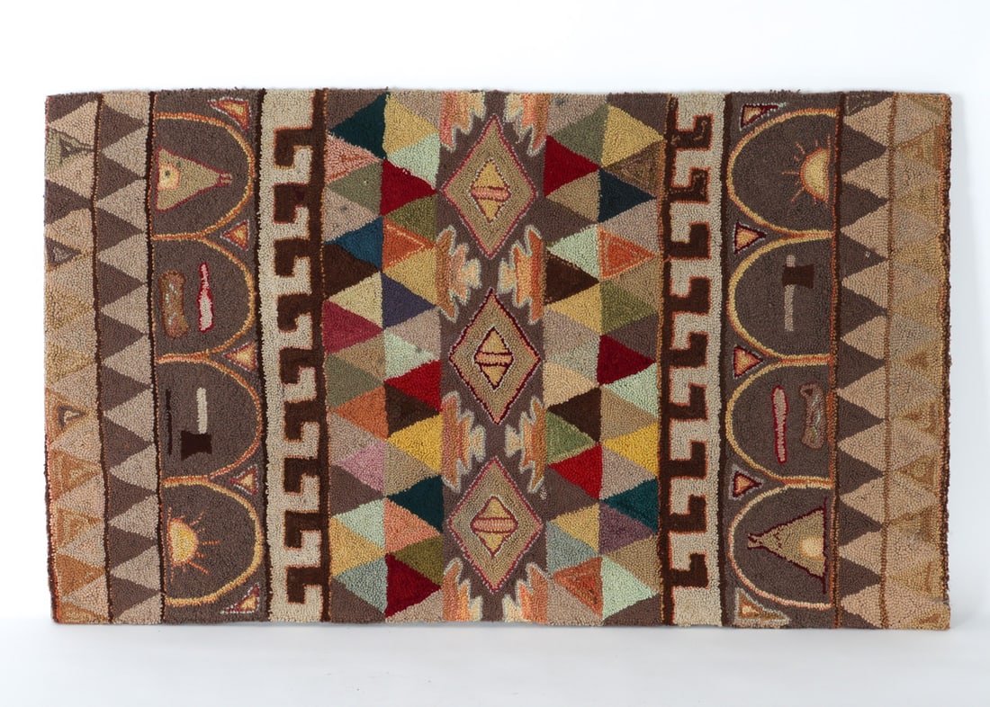 FOLK ART HOOKED RUG W/ NATIVE AMERICAN SYMBOLS (1 of 10)