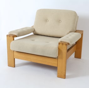 SCANDINAVIAN BRUTALIST OAK & WOOL LOUNGE CHAIR