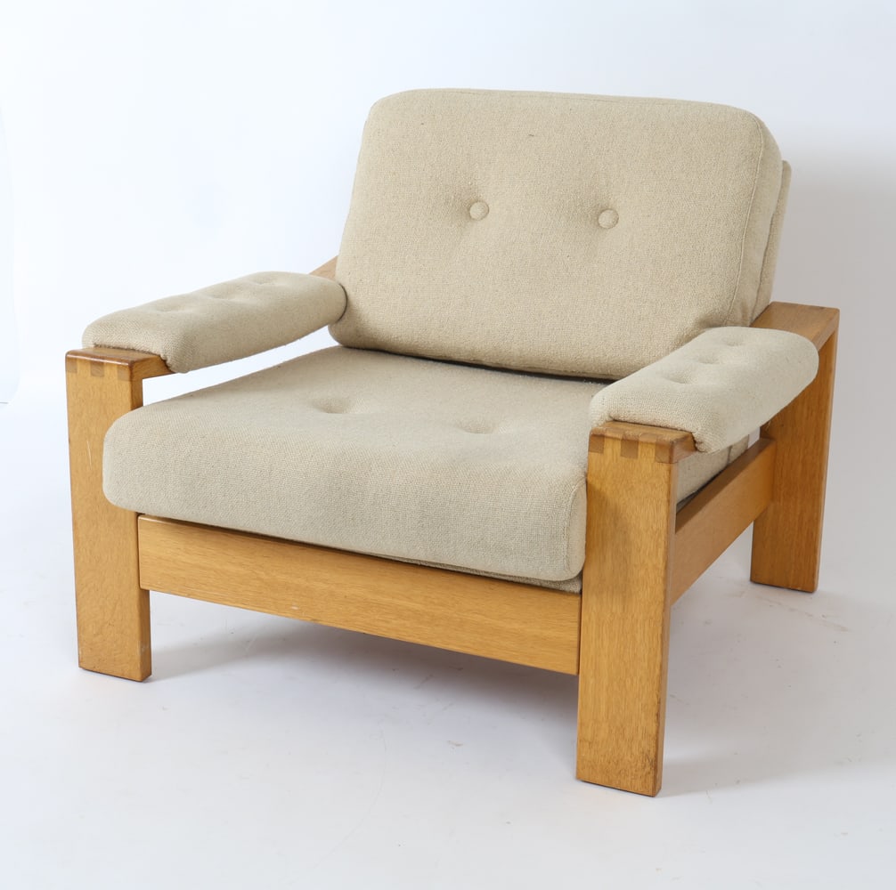SCANDINAVIAN BRUTALIST OAK & WOOL LOUNGE CHAIR (1 of 15)