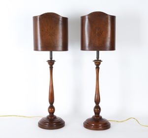 PAIR OF TURNED WALNUT TABLE LAMPS