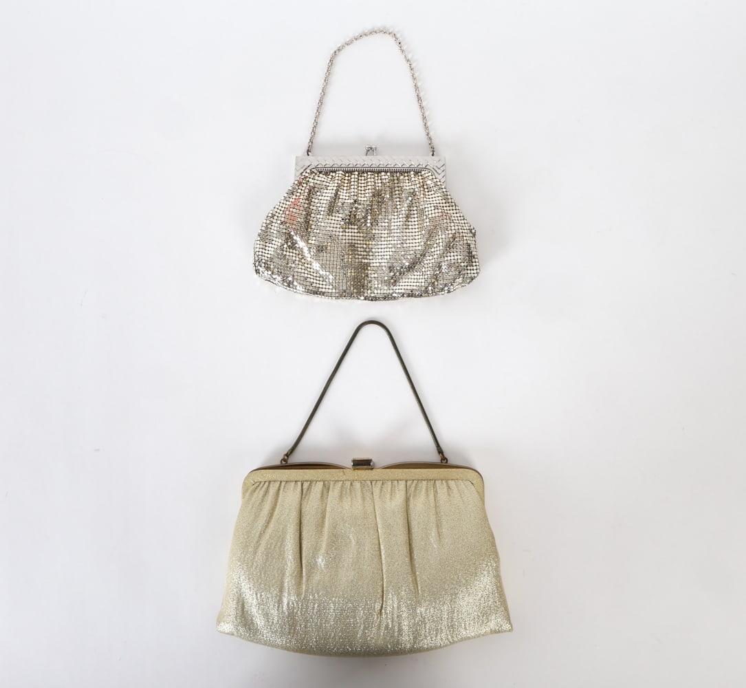 GROUPING OF VINTAGE BAGS: Two vintage bags including: Whiting and Davis silver metal mesh evening bag with a kiss-lock closure, label inside, and Ande gold lame convertible wristlet clutch bag. Includes a Chloe dust cover. Mar