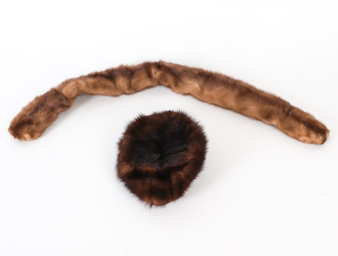 GROUPING OF MINK ACCESSORIES: Grouping includes a hat with a label for United Hatters Cap & Millinery workers Union and a stole made by Abravanel Furs of Pittsburgh. Dimensions: (Stole) L 34" x W 3.5" Condition: Small losses and s