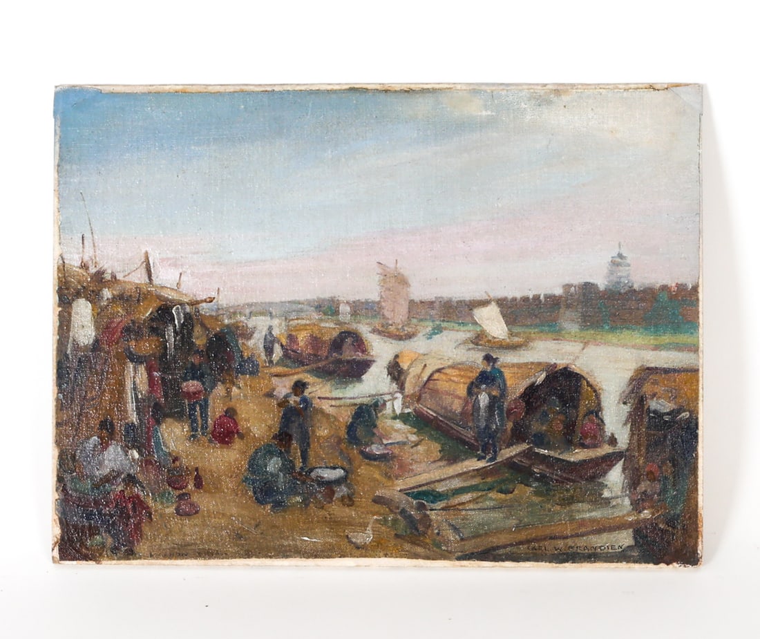 CARL W. BRANDIEN (NY, 1886-1965) O/B: Image of a Chinese Harbor. Oil painting on panel board. Signed and dated '20 lower right. Unframed. Dimensions: H 12" x W 16" Condition: Minor loss to edges.