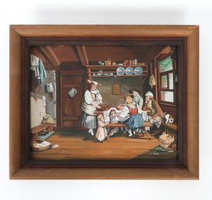 VINTAGE OIL ON BOARD INTERIOR SCENE