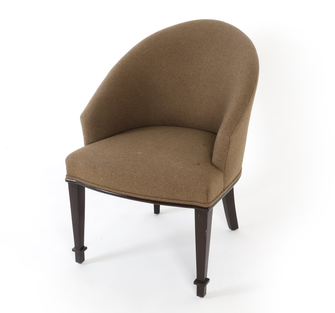 CHAUCHET-GUILLERE STYLE COCKTAIL CHAIR: Features elongated back, a forward arm, exposed apron and squared tapered legs ending with a collar. Dimensions: H 24" x W 28" x D 23.75" x SH 17" Condition: Minor signs of wear with some nicks to leg