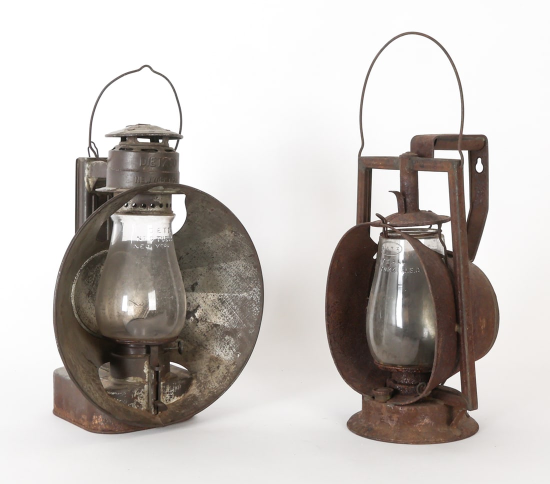 ANTIQUE DIETZ RAILROAD LANTERNS: Two vintage lamps, Dietz No. 320 Beacon kerosene lantern, and Dietz Acme Inspector Lamp railroad kerosene lantern, both used by railroad inspectors in the late 1800's. Marked on surface and on glass.