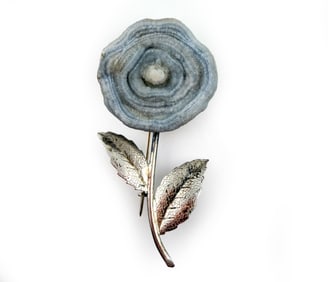DRUZY QUARTZ & SILVER ROSE FORM BROOCH