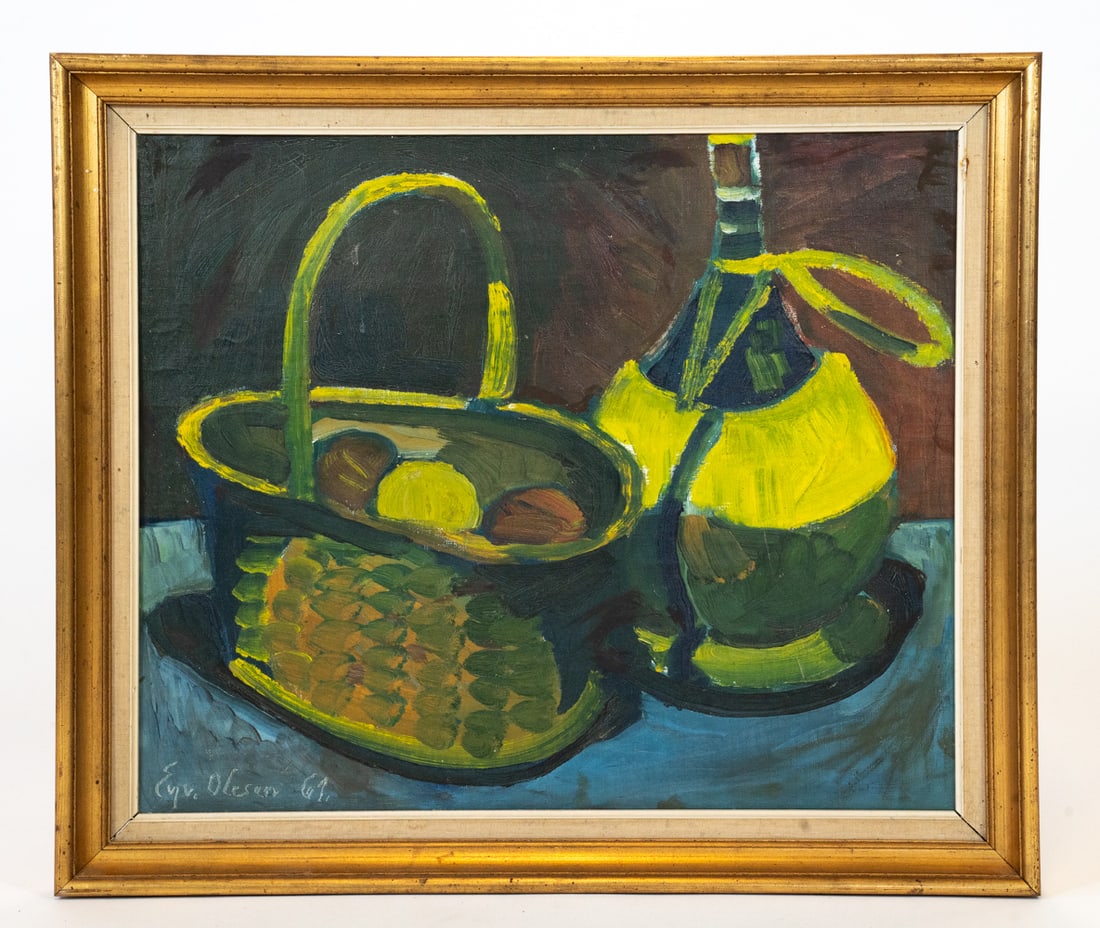 EYVIND OLESEN (DANISH, 1907-1995) STILL LIFE O/C: Signed and dated to lower left corner, 1961 or 1969. Oil on canvas. Denmark. Dimensions: Frame H 24.5" x W 27.5". Canvas H 20" x W 24". Condition: Minor scuffs and dings to frame. Wear consistent with