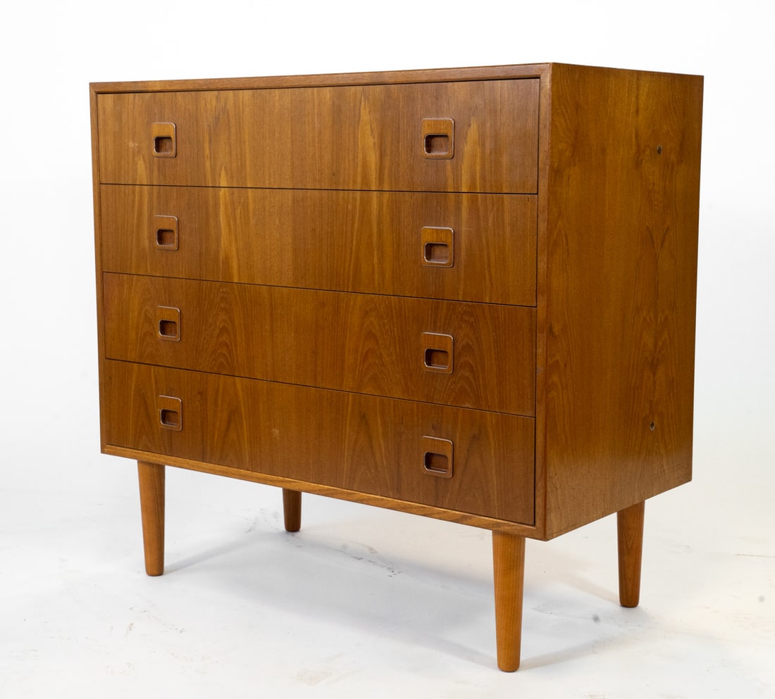 HJORNEBO DANISH TEAK CHEST OF DRAWERS C. 1960S: Tagged to back. Denmark, circa 1960s. Dimensions: H 31.5" x W 33.75" x D 16.5". Condition: Wear consistent with age and use including minor rubs and scuffs. Few water rings to top. DMT127