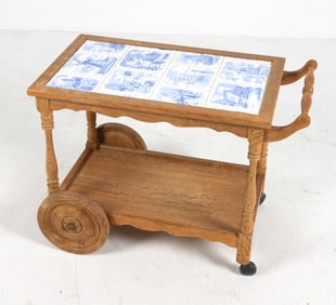 DANISH OAK & CERAMIC TILE BAR CART C. 1970S