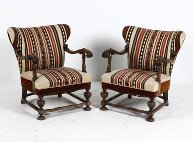 PAIR SCANDINAVIAN OAK WINGBACK ARMCHAIRS C. 1960S