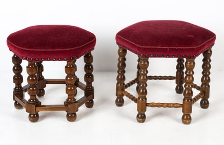 DANISH TURNED OAK & VELVET STOOLS C. 1960S