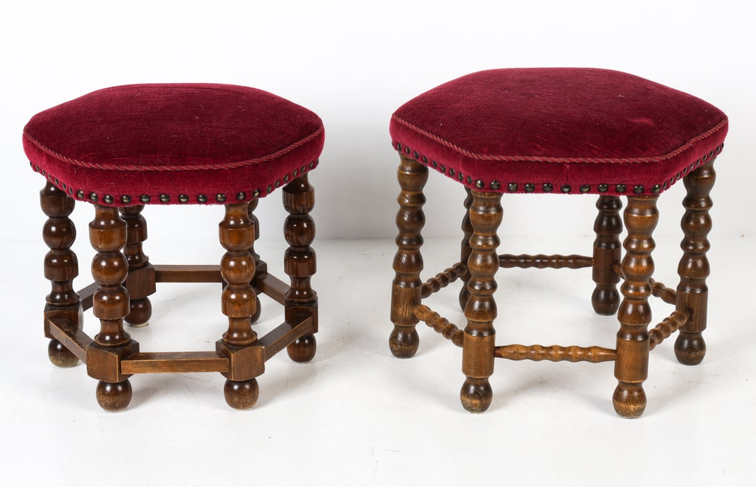 DANISH TURNED OAK & VELVET STOOLS C. 1960S (1 of 8)