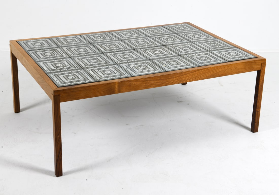 GANGSO STYLE ROSEWOOD & CERAMIC TILE COFFEE TABLE: Danish rosewood coffee table with ceramic tiles inlaid to top. Denmark, circa 1960s. Dimensions: H 18.75" x W 50.5" x D 34.5". Conditions: Wear consistent with age and use, including minor rubs and sc