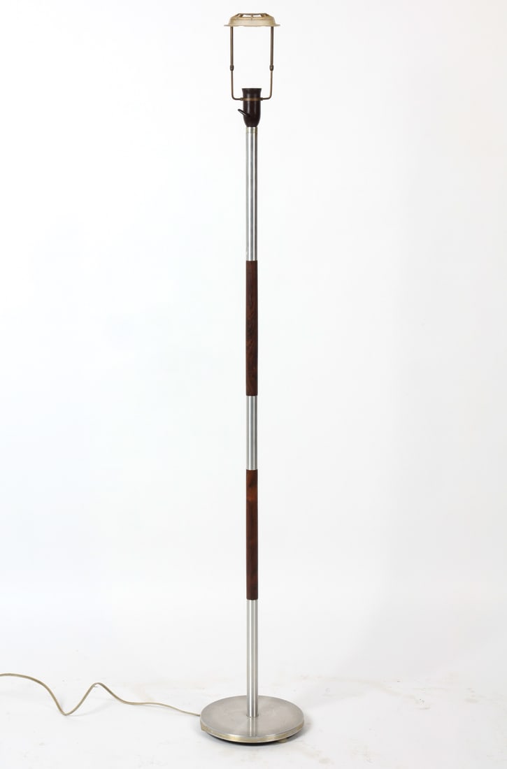 HAMMERBORG STYLE ROSEWOOD & ALUMINUM FLOOR LAMP: Floor lamp with rosewood and metal segments to stand, metal base. Denmark, circa 1960s. Dimensions: H 59.5" x Dia. 9". Condition: Not Tested, Wear consistent with age and use. DMT157