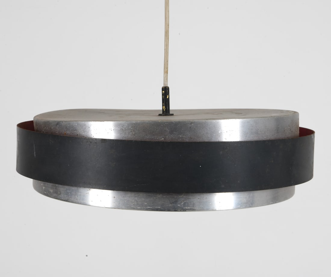 JO HAMMERBORG METAL SAUCER PENDANT LIGHT C. 1960S: For Fog & Morup. Saucer pendant light with steel outer ring in red and black. Apparently unmarked. Denmark, circa 1960s. Dimensions: H 4" x Dia. 15.5". Condition: Wiring untested. Scuffs and scratches