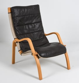 FINN OSTERGAARD STYLE BEECH & LEATHER LOUNGE CHAIR
