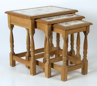 DANISH OAK & CERAMIC TILE NESTING TABLES C. 1970S