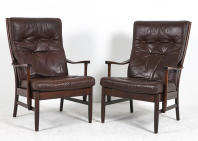 PAIR ATTR. FARSTRUP BEECH & LEATHER LOUNGE CHAIRS