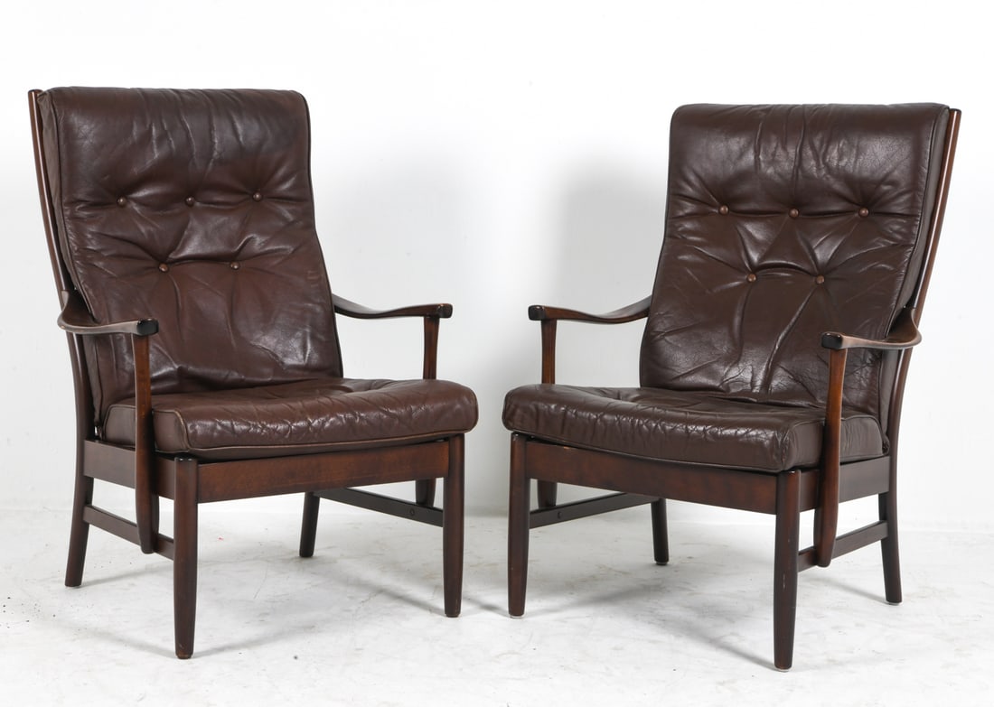 PAIR ATTR. FARSTRUP BEECH & LEATHER LOUNGE CHAIRS (1 of 10)