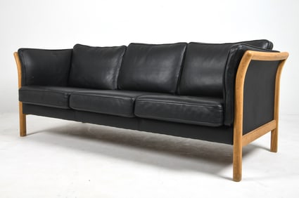 STYLE OF STOUBY DANISH BEECH & LEATHER SOFA 1970S