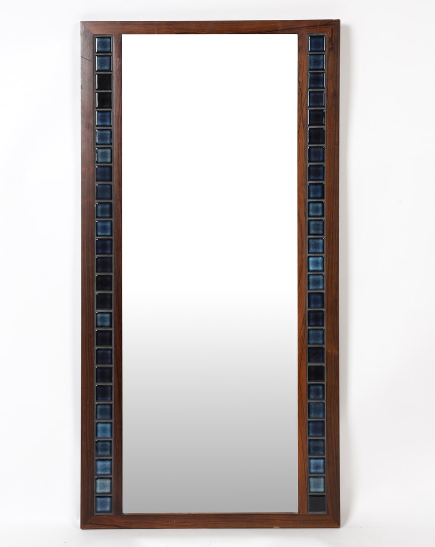 ATTR. ERIK WORTZ ROSEWOOD & TILE WALL MIRROR: Rosewood frame with blue ceramic tiles inlaid to perimeter. Denmark, circa 1960s. Dimensions: H 45.5" x W 23.25". Condition: Wear consistent with age and use including minor rubs and scuffs to wood. D
