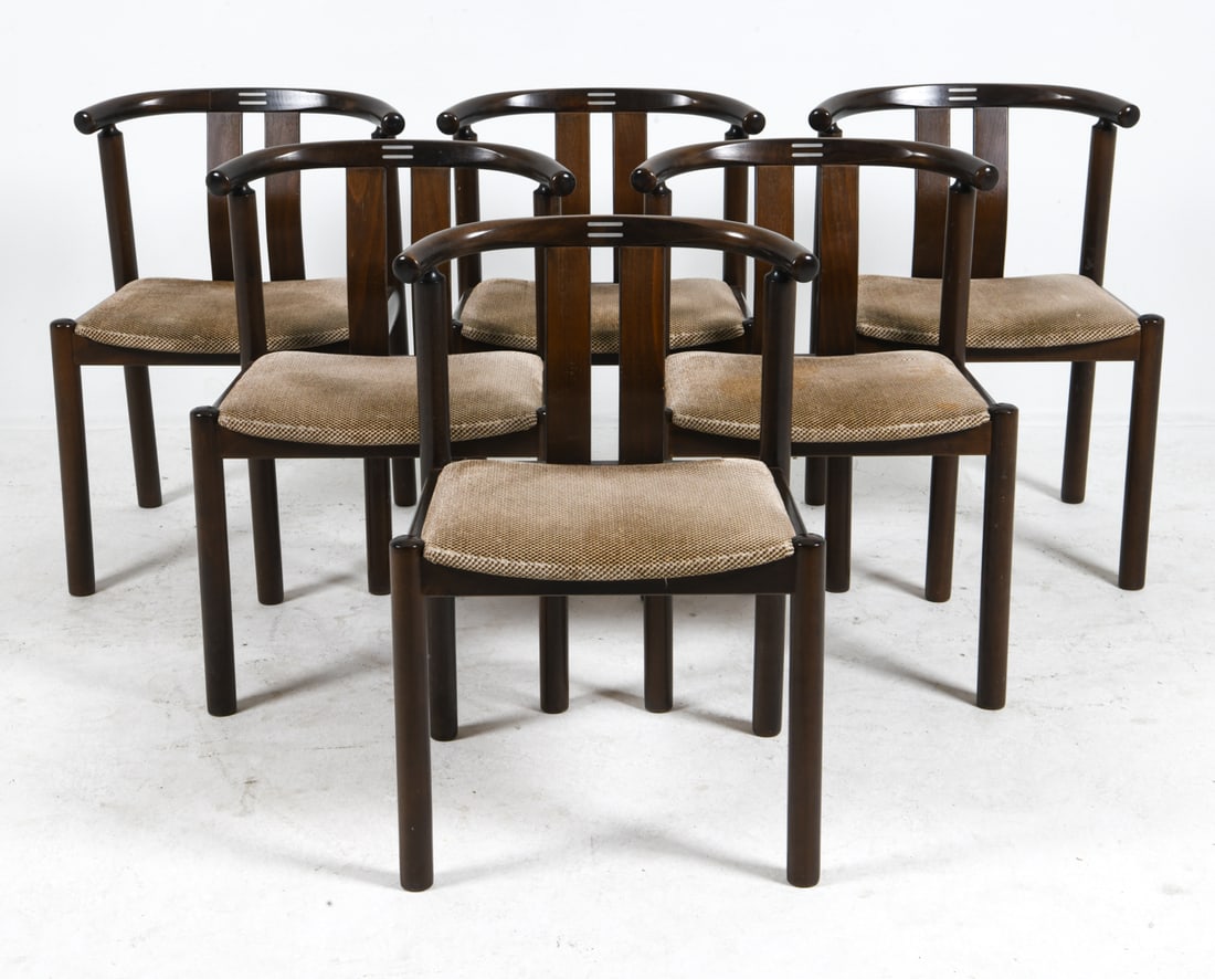 (6) FRYDENDAL "CLEOPATRA" BEECH DINING CHAIRS: For Boltinge Stolefabrik. Beech dining chairs with fabric upholstery. Metal inlaid accents to seat backs. Apparently unmarked. Denmark, circa 1960s. Dimensions: H 29.5" x W 20" x D 18" x SH 17.5". Con