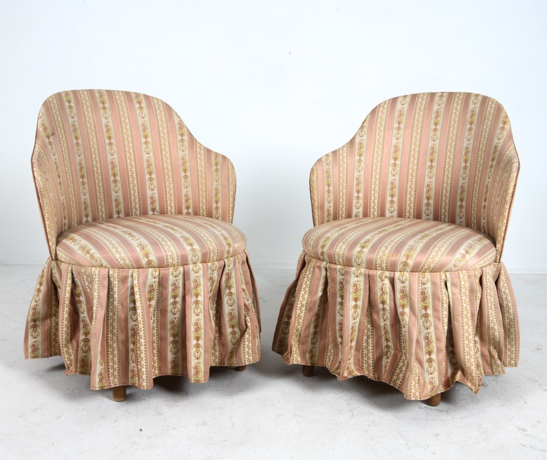 PAIR OF SCANDINAVIAN TEAK & SILK SLIPPER CHAIRS: Pair of slipper chairs with patterned silk covers. Tapered teak legs. Scandinavian, circa 1960s. Dimensions: H 30" x W 22.75" x D 23" x Sh 15" Condition: Wear consistent with age and use, including mi
