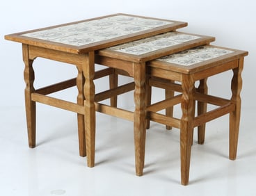 DANISH OAK & CERAMIC TILE NESTING TABLES C. 1970S