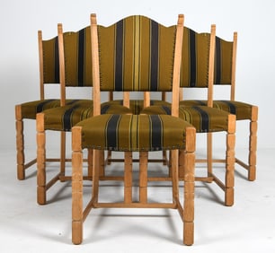 (6) MANNER OF KJAERNULF OAK & WOOL DINING CHAIRS
