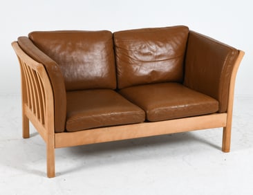 ATTR. SKALMA BEECH & LEATHER LOVESEAT SOFA C.1970S