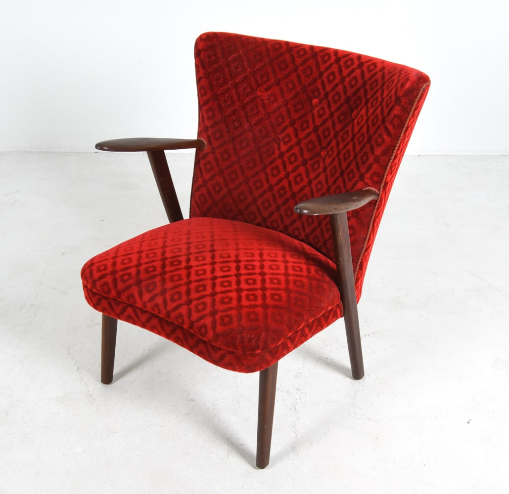 ATTR. ERHARDSEN & ANDERSEN TEAK & VELOUR ARMCHAIR: Teak frame with red velour upholstery with diamond pattern. Denmark, circa 1960s. Dimension: H 30.75" x W 25" x D 27" x Sh 15.5". Conditions: Wear consistent with age and use. DMT069