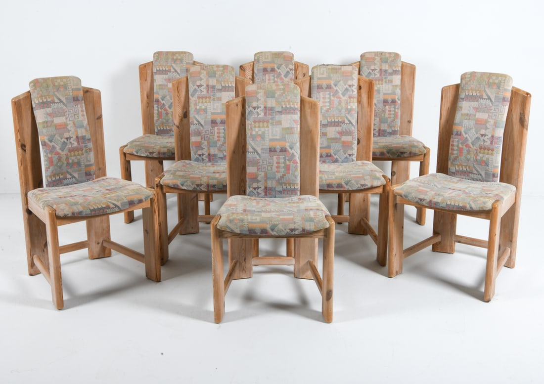 (8) SCANDINAVIAN PINE HIGH BACK DINING CHAIRS: Pine frames with patterned fabric upholstery. Scandinavian, circa 1970s. Dimensions: H 36.3" x W 16.5" x D 18.25" x SH 17.25". Condition: Scuffs and rubs to frames, wear consistent with age and use. D