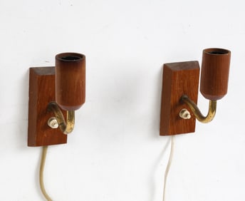 PAIR LAONI STYLE DANISH TEAK & BRASS SCONCES 1960S